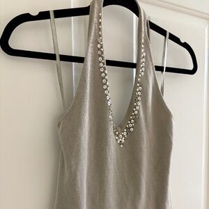 Taupe Sequin Embellished Halter Knit Top | V-Neck Sparkle Detail - Size Small